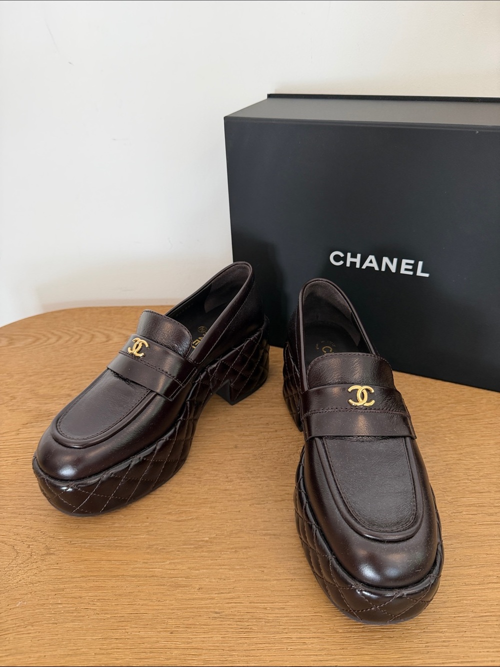 CHANEL Brown Quilted Platform Penny Loafers with Gold CC - Picture 2 of 9
